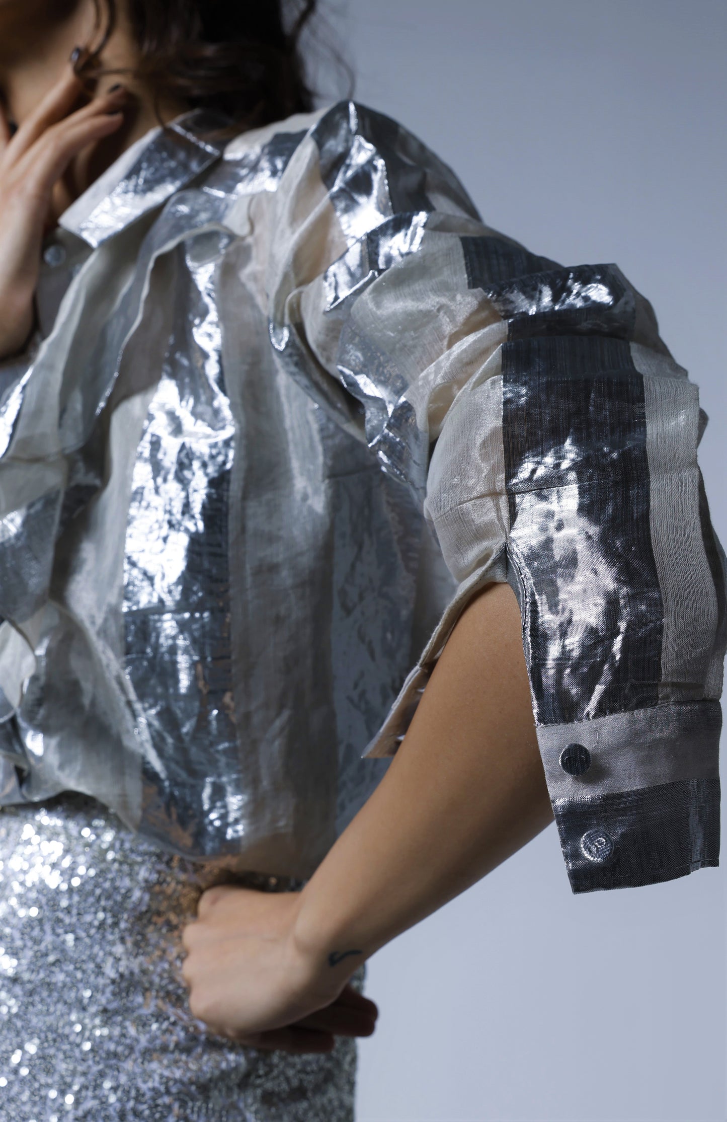 Ruffle Shirt in Silver Lurex Stripes Tissue