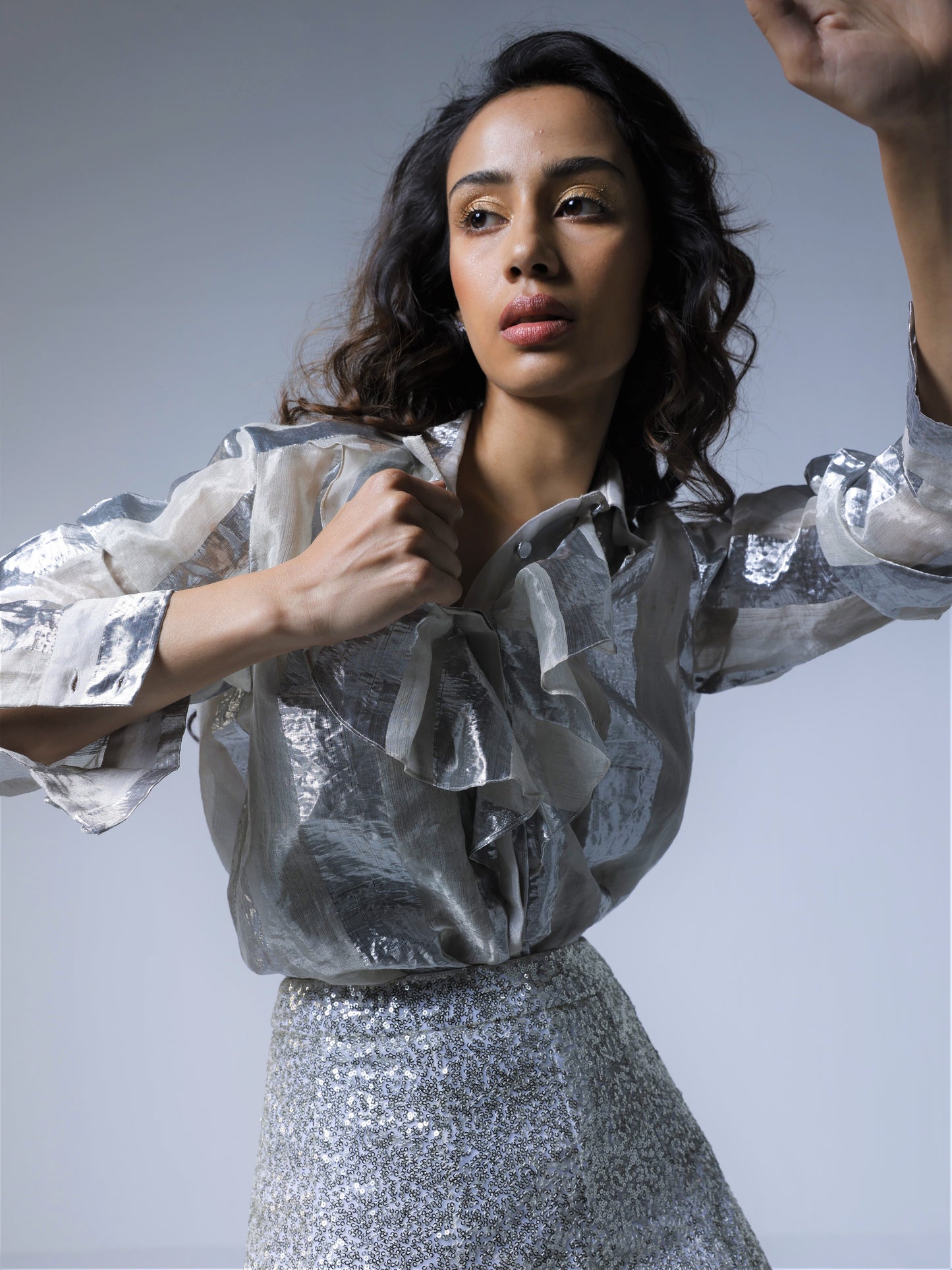Ruffle Shirt in Silver Lurex Stripes Tissue