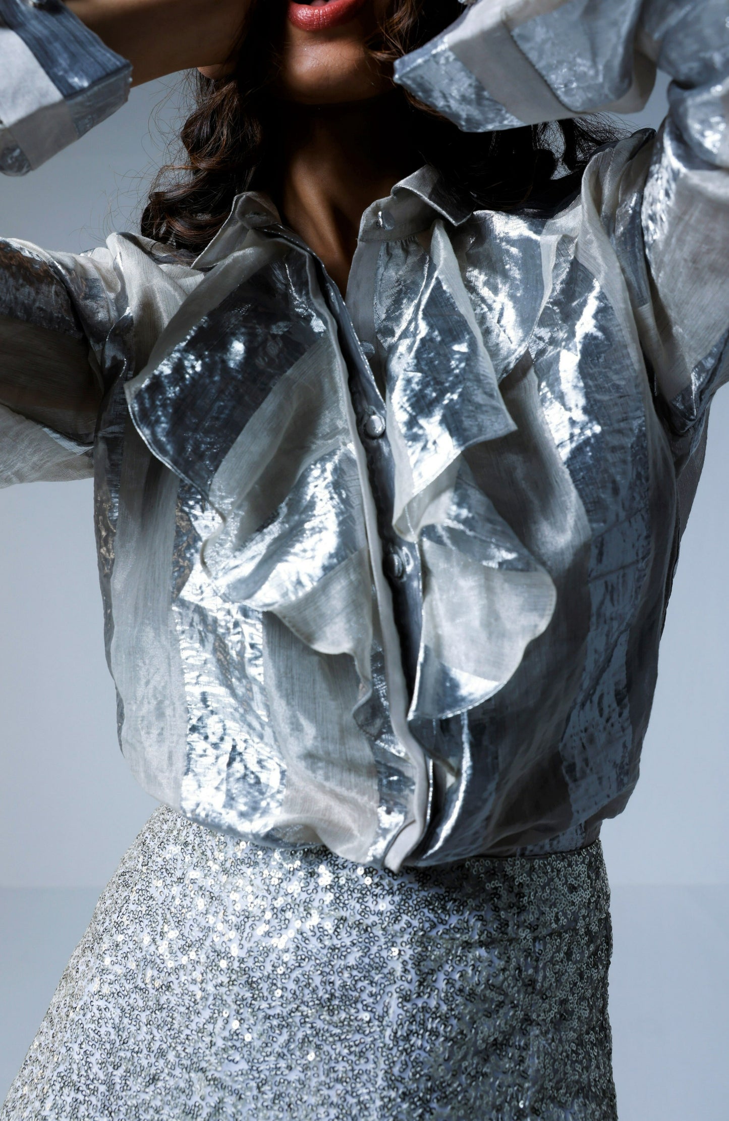 Ruffle Shirt in Silver Lurex Stripes Tissue