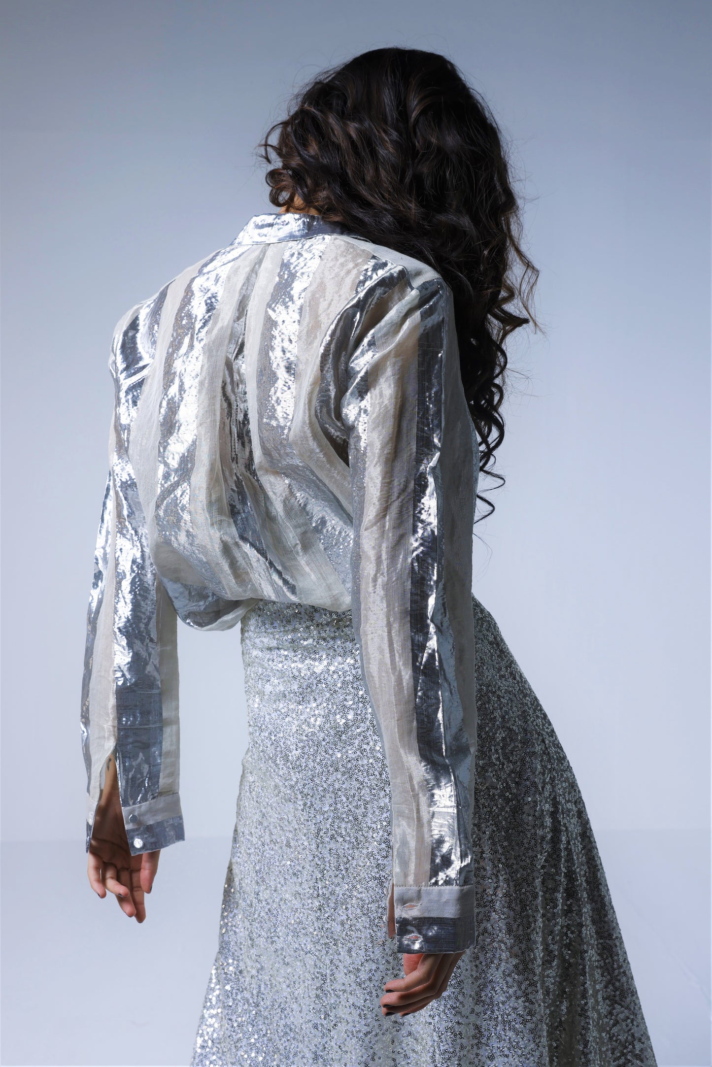 Ruffle Shirt in Silver Lurex Stripes Tissue