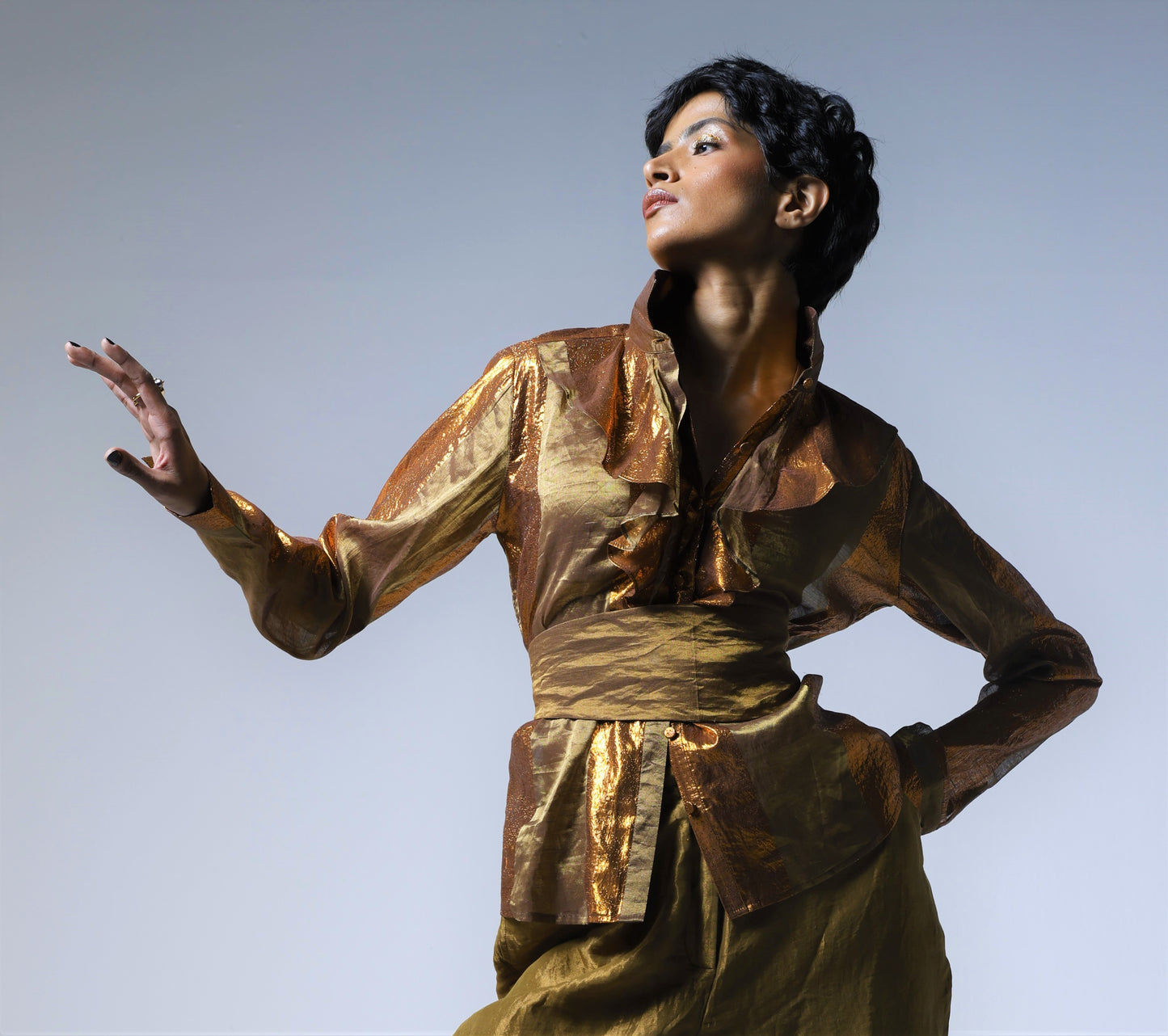 Ruffle Shirt in Copper Lurex Stripes Tissue