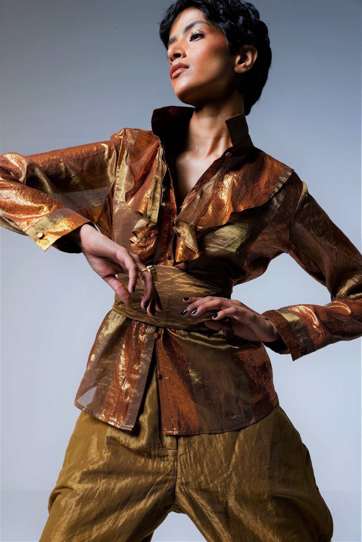 Ruffle Shirt in Copper Lurex Stripes Tissue