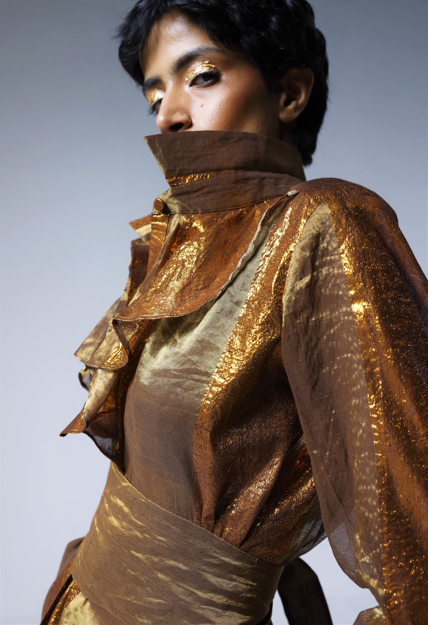 Ruffle Shirt in Copper Lurex Stripes Tissue