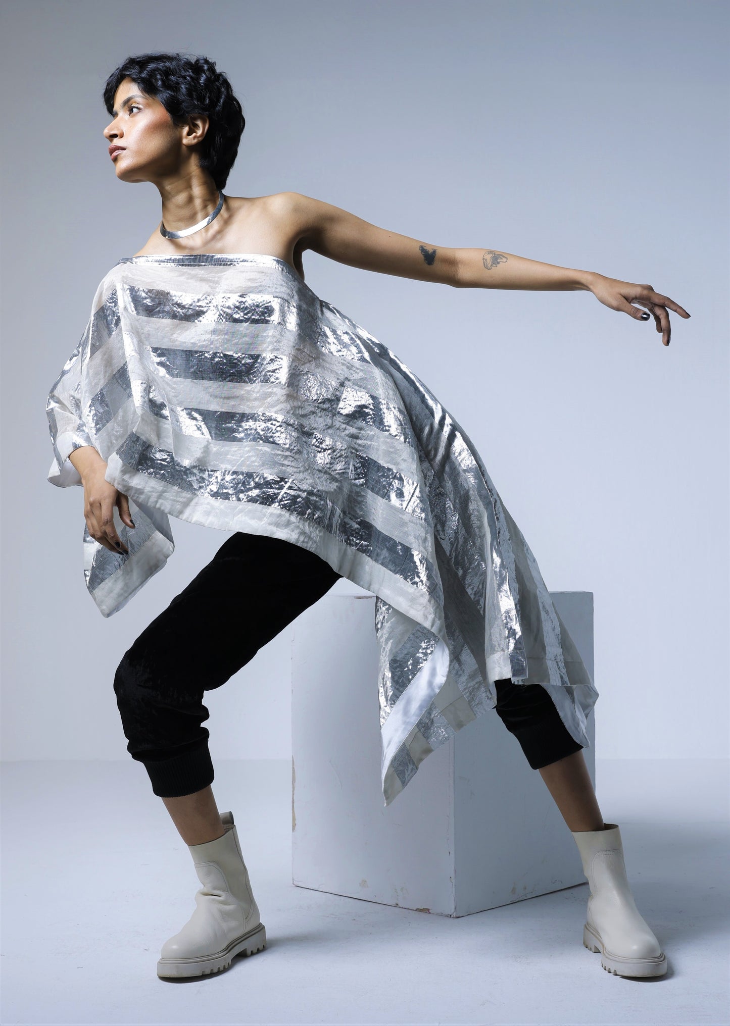 Mini Cape in Silver Lurex Stripes Tissue