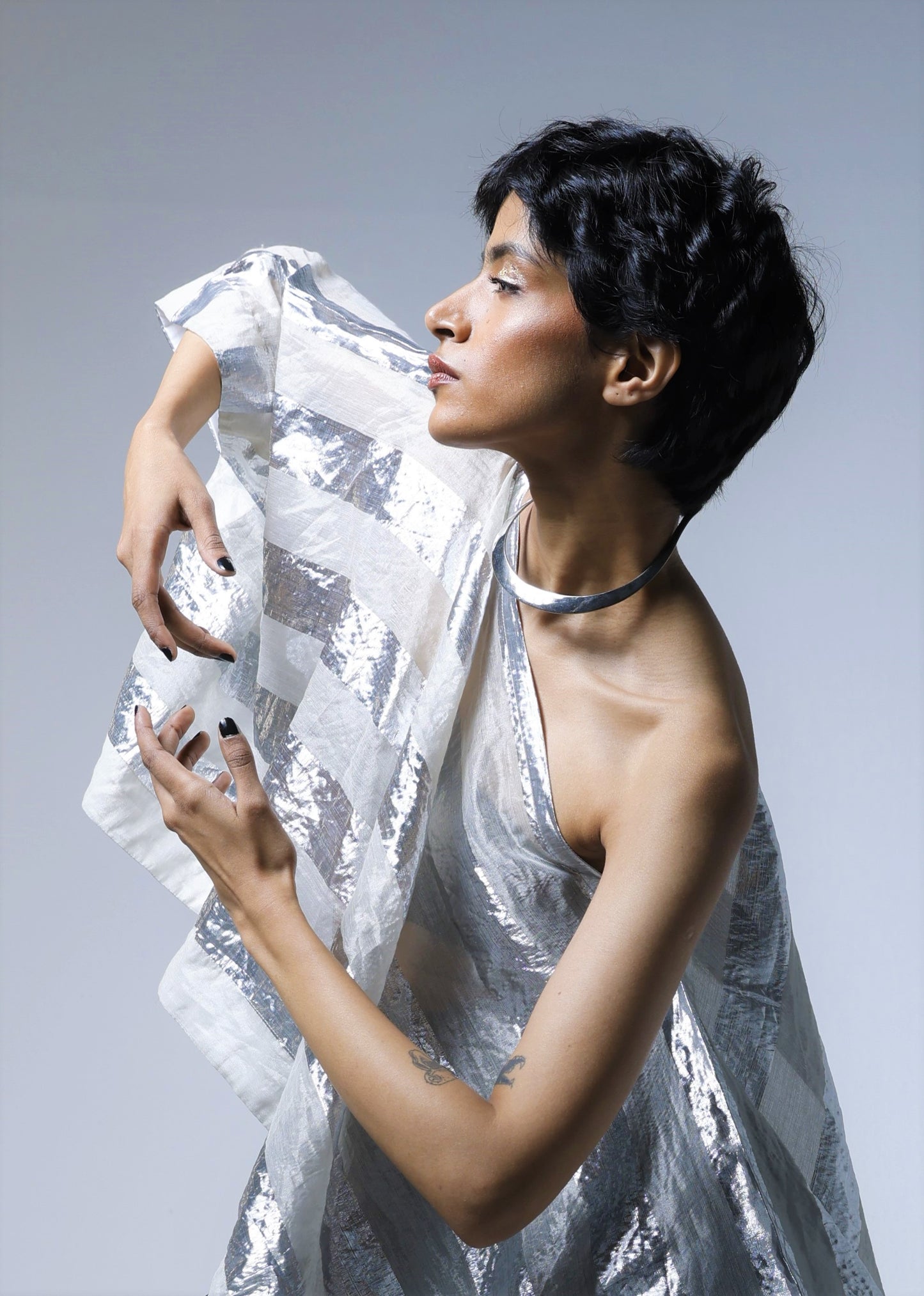 Mini Cape in Silver Lurex Stripes Tissue