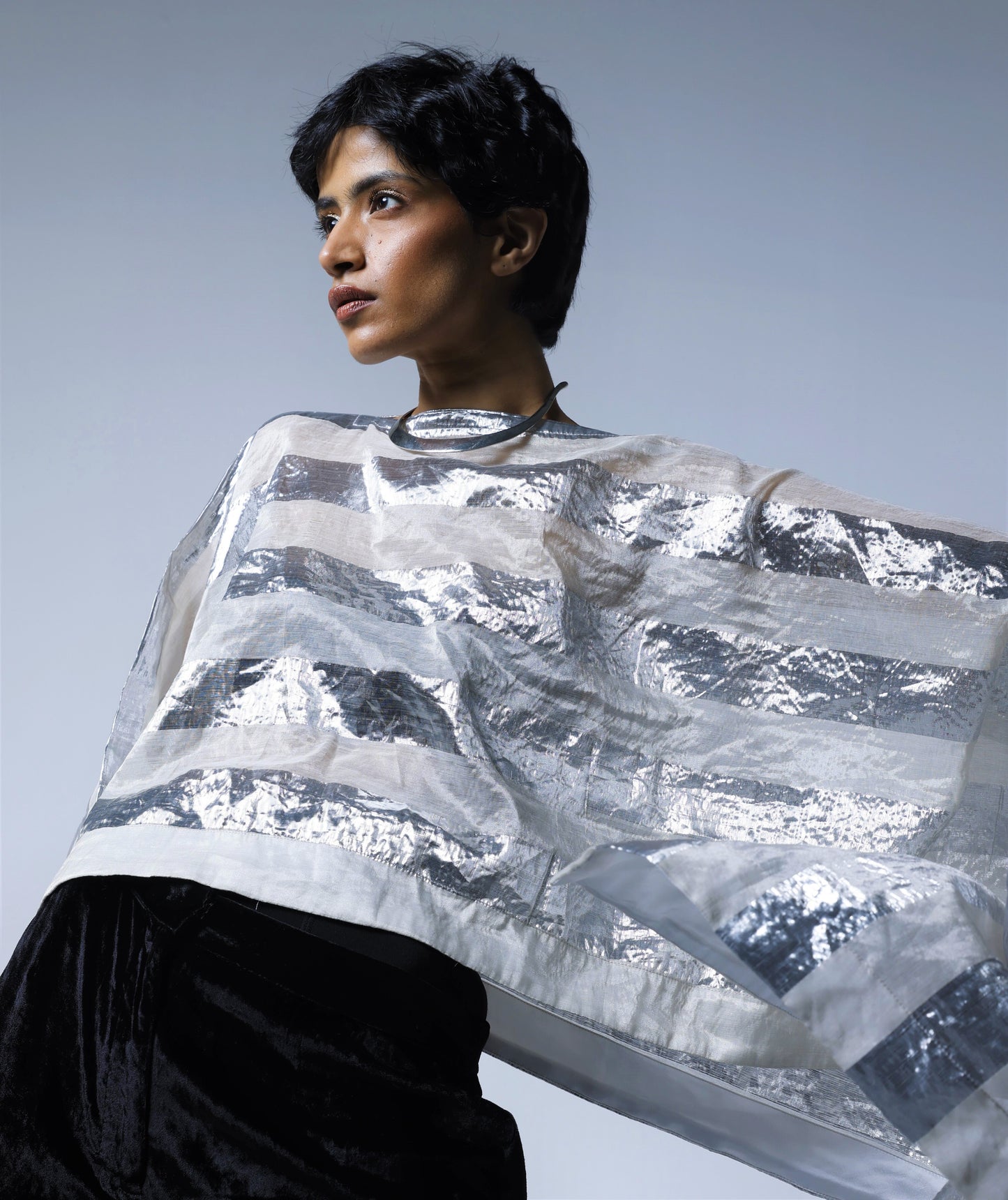 Mini Cape in Silver Lurex Stripes Tissue