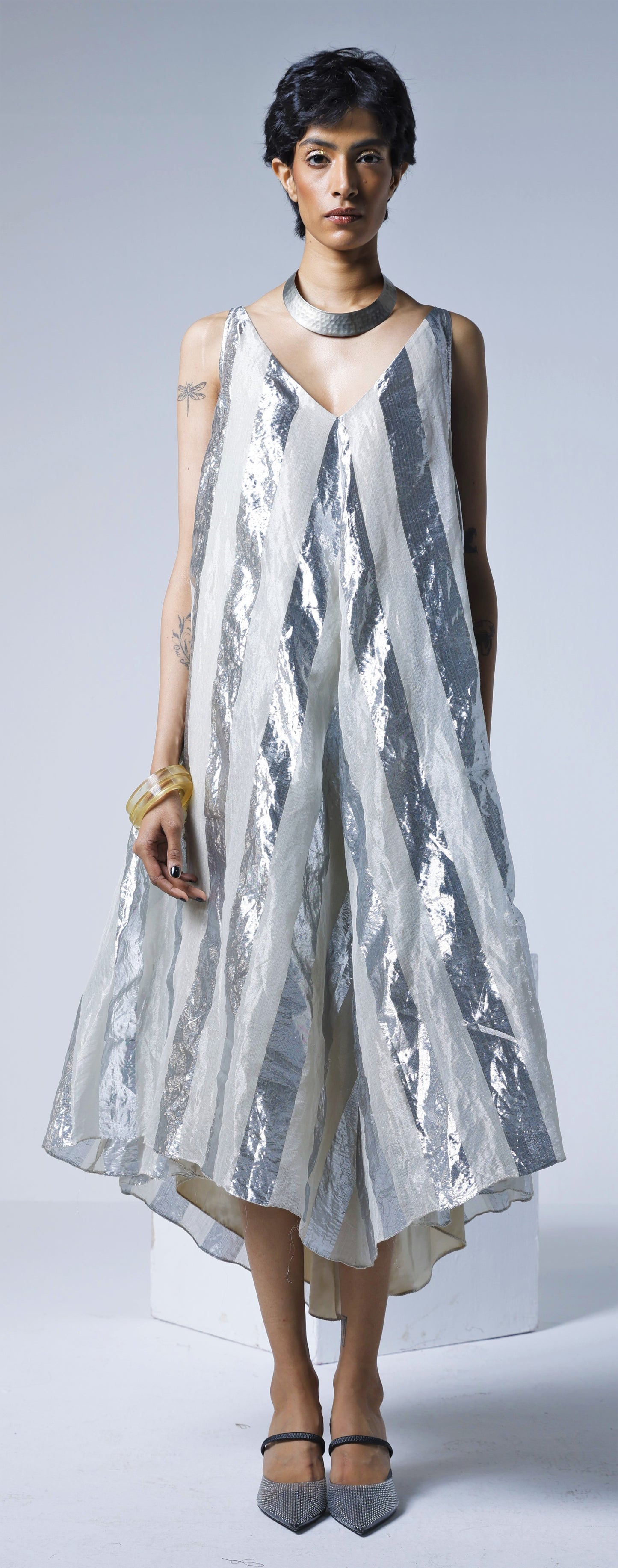 Goa Dress in Silver Lurex Stripes Tissue