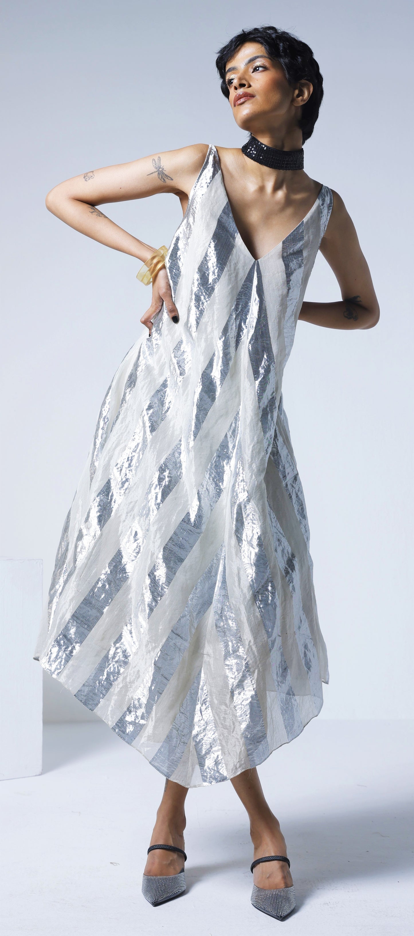 Goa Dress in Silver Lurex Stripes Tissue