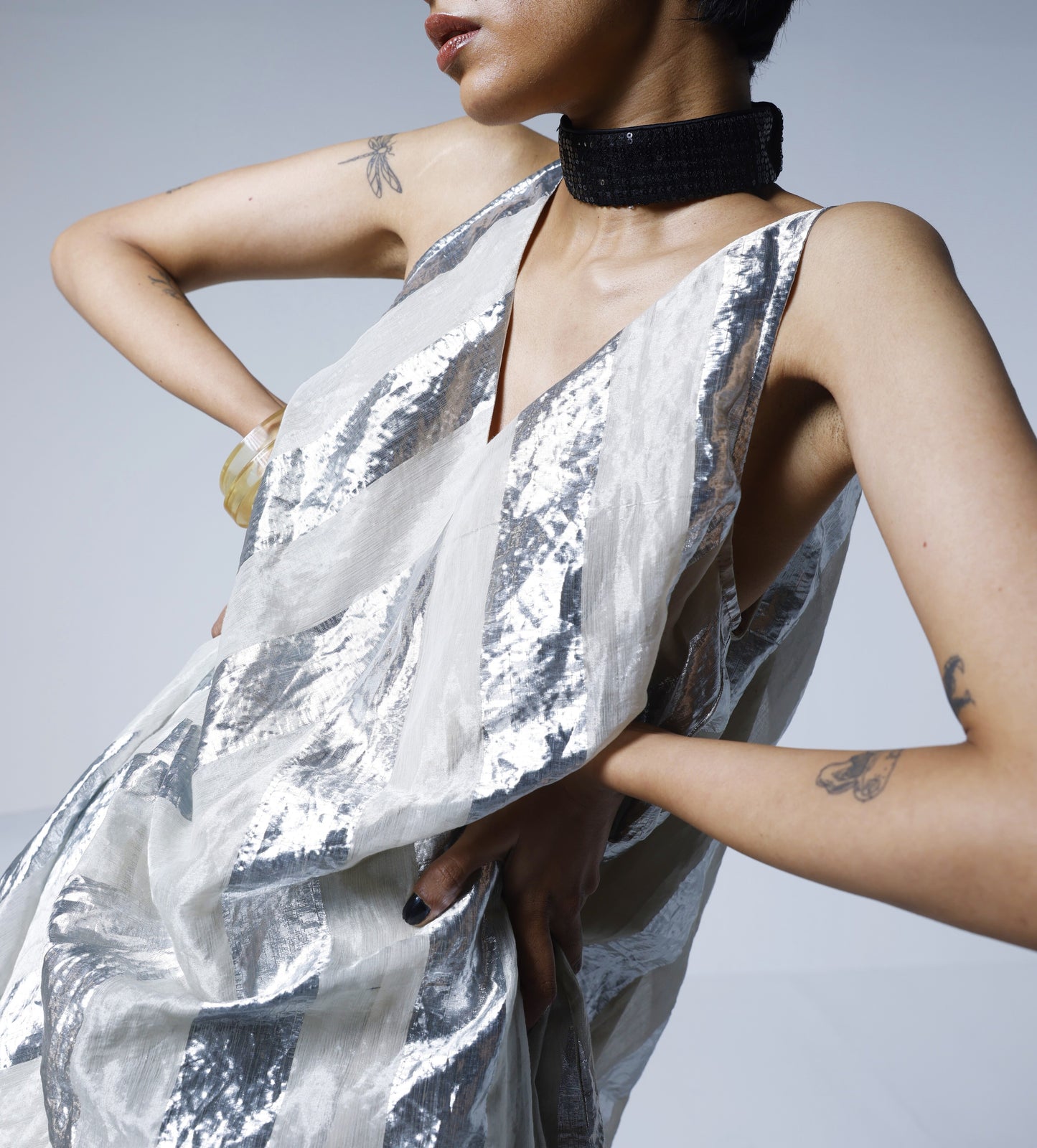 Goa Dress in Silver Lurex Stripes Tissue