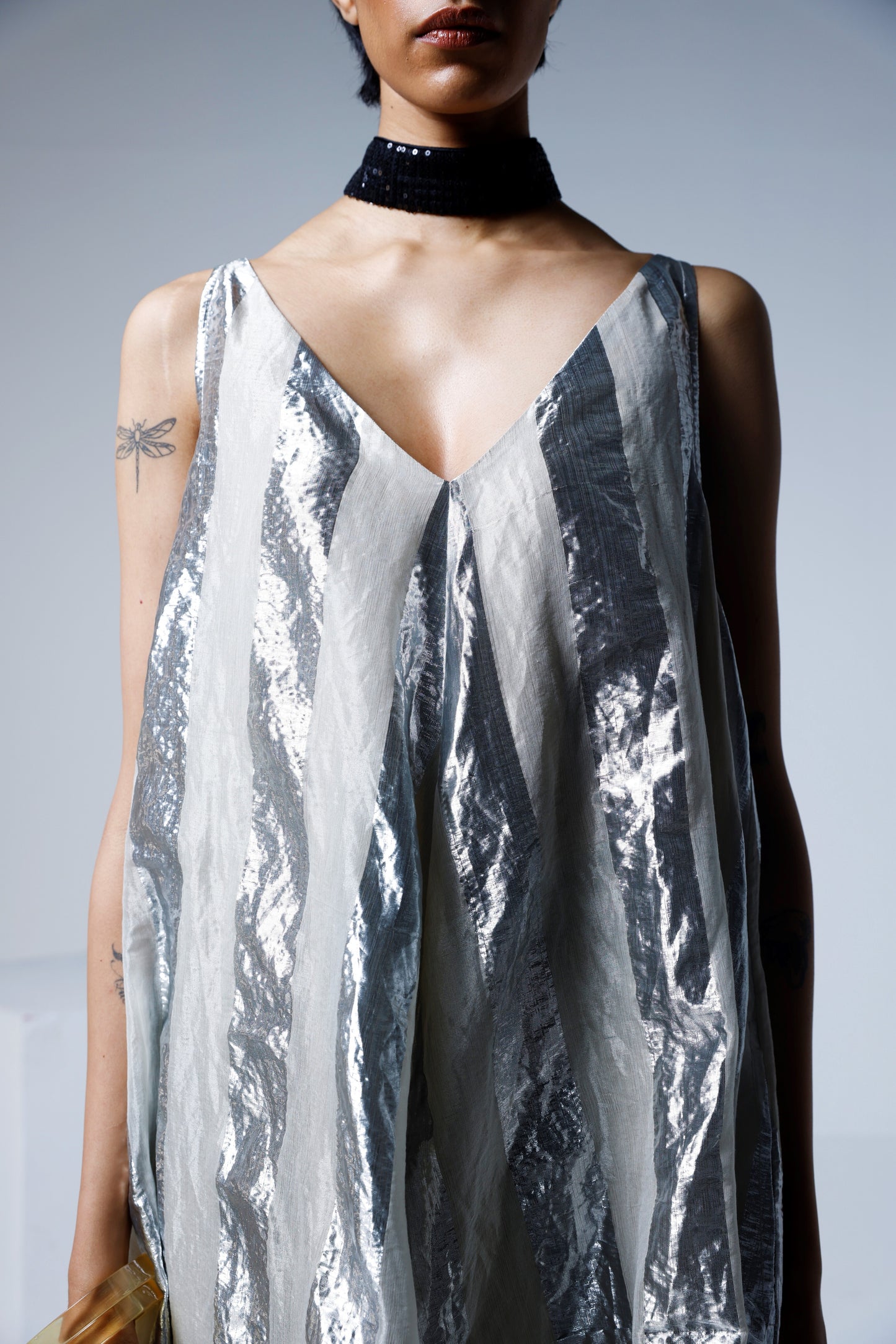 Goa Dress in Silver Lurex Stripes Tissue