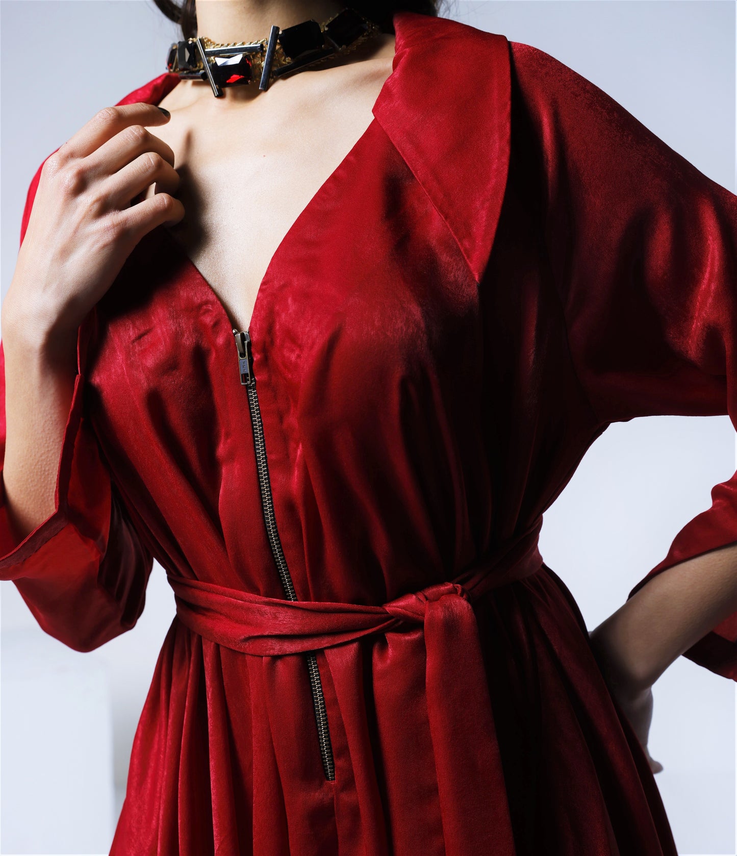 Cowl Jumpsuit in Red Silky Satin