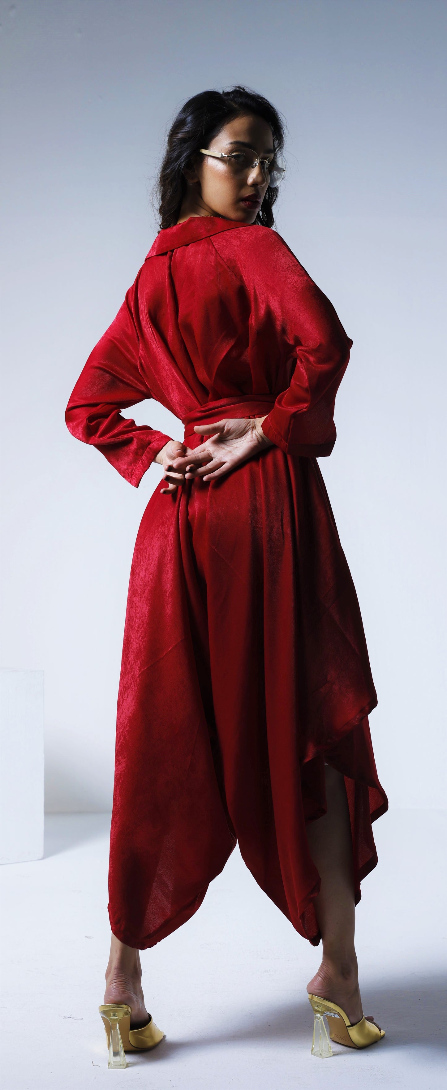 Cowl Jumpsuit in Red Silky Satin