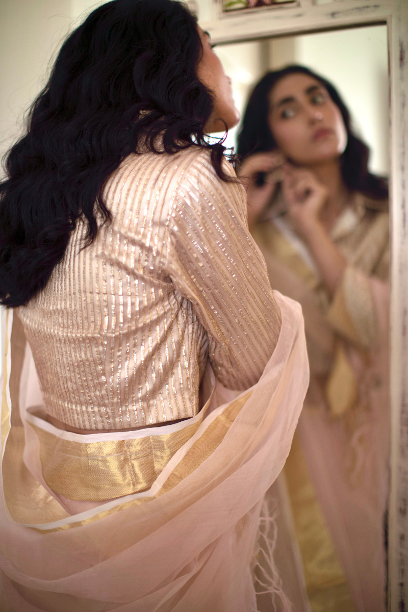 Shirt Blouse In Shell Pink Gota Net Striped