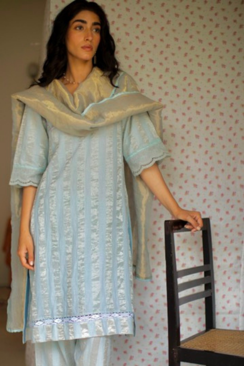 Stole In Pale Blue Handwoven Gold Tissue