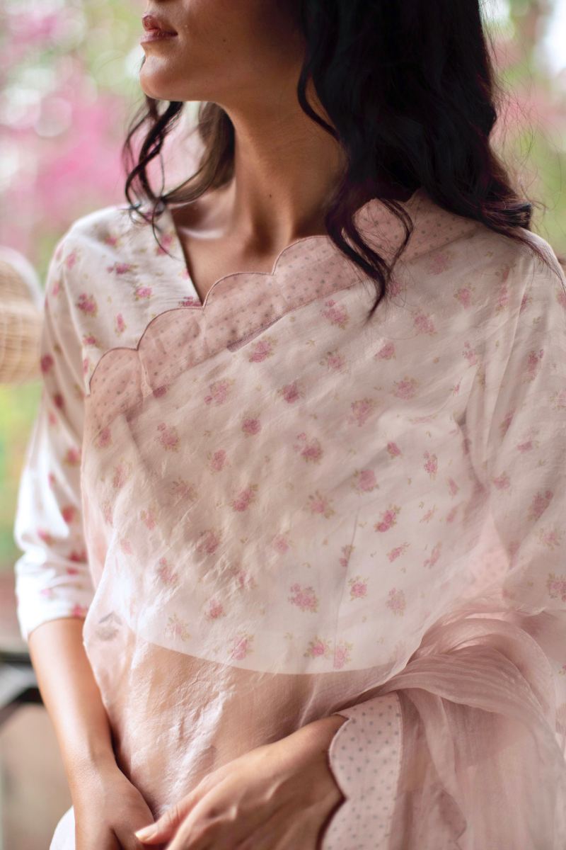 Shell pink silk organza self stripes sari with hand embroidered flowers