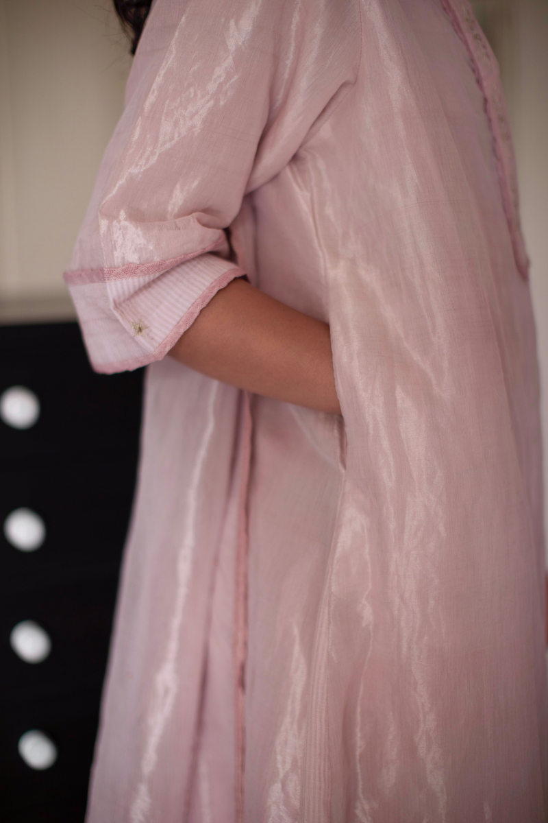 Maxi Kurta In Shell Pink Handloom Tissue With Pant