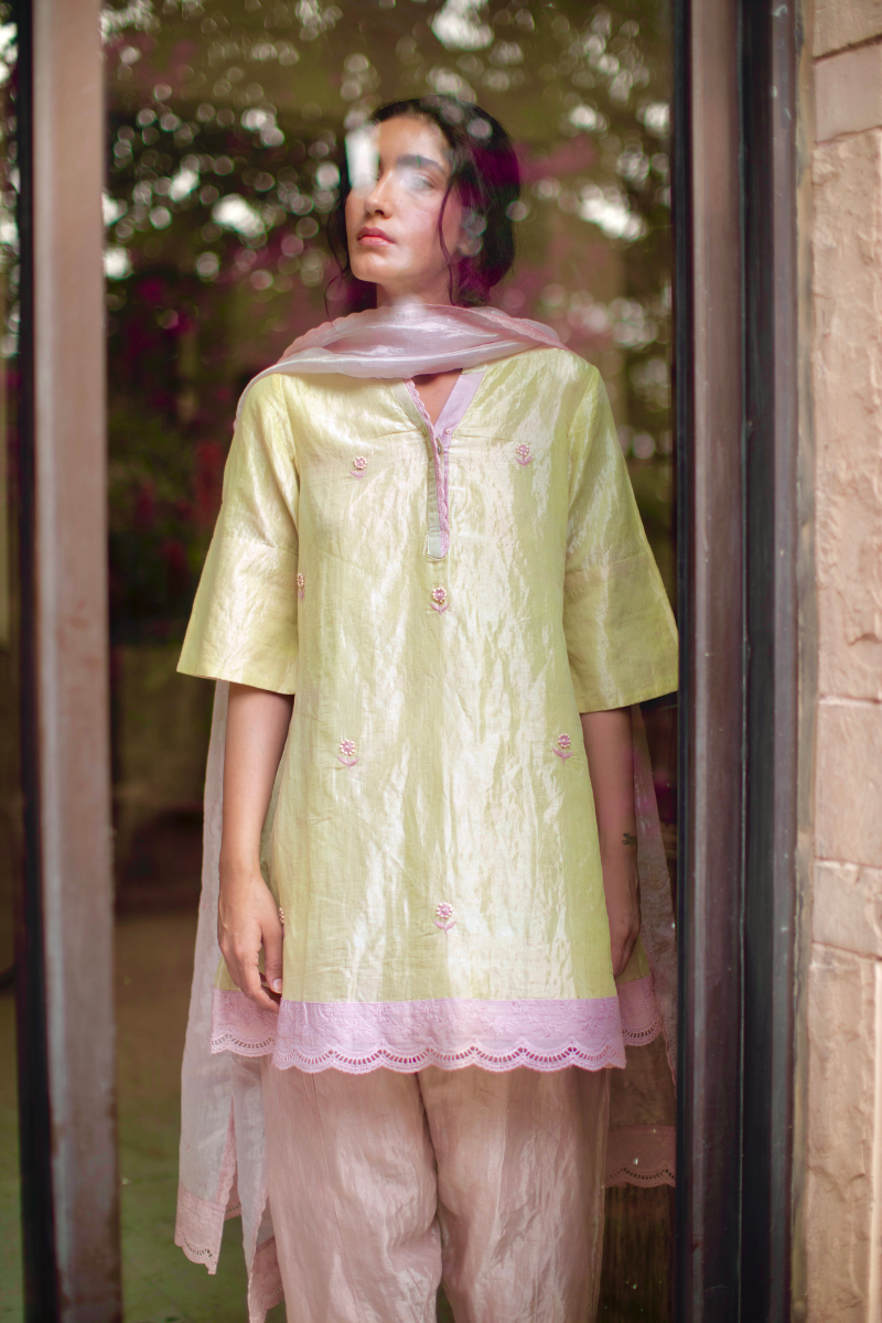 Mini Kurta In Lemonade Yellow Tissue With Shalwar