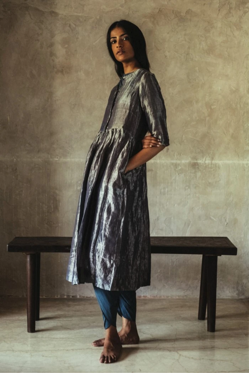 Anil Jacket In Silver Handwoven Tissue With Slip In Blue Satin & Pants