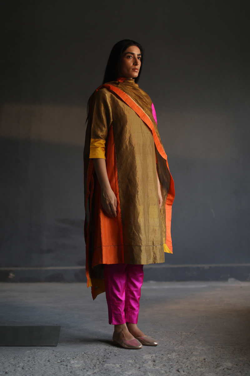 Fb Kurta In Antique Gold Handloom Tissue With Pant