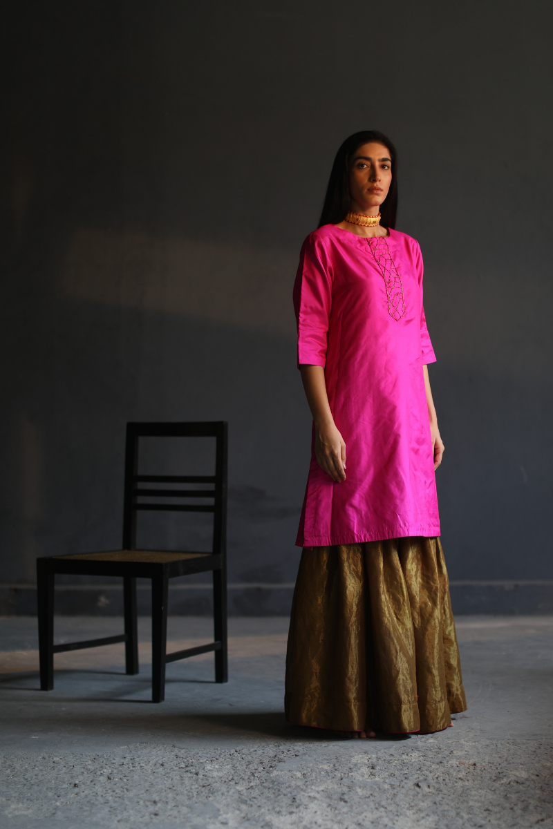 HK Kurta In Pure Pink Silk With Flared Sharara