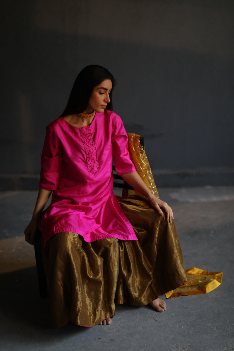 HK Kurta In Pure Pink Silk With Flared Sharara