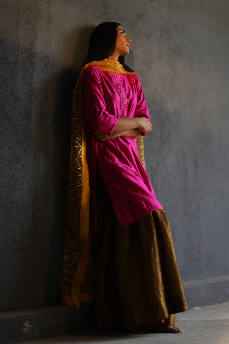 HK Kurta In Pure Pink Silk With Flared Sharara