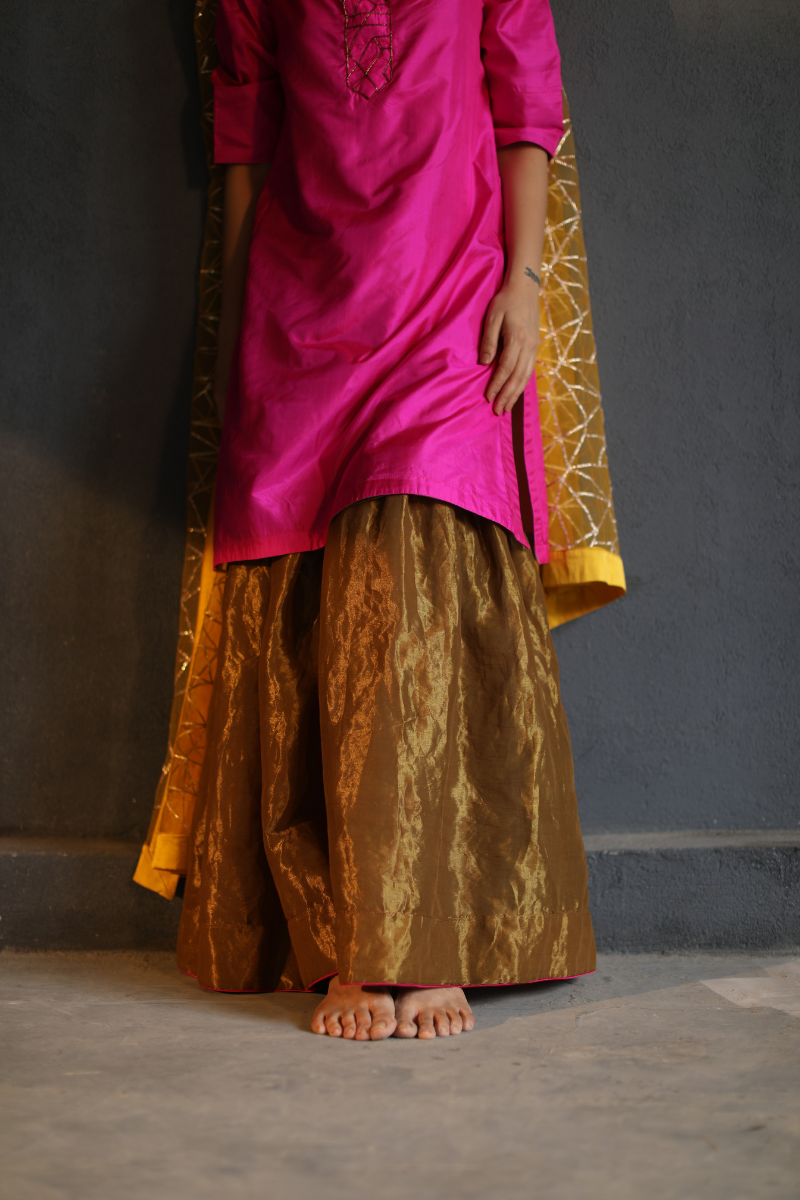 HK Kurta In Pure Pink Silk With Flared Sharara