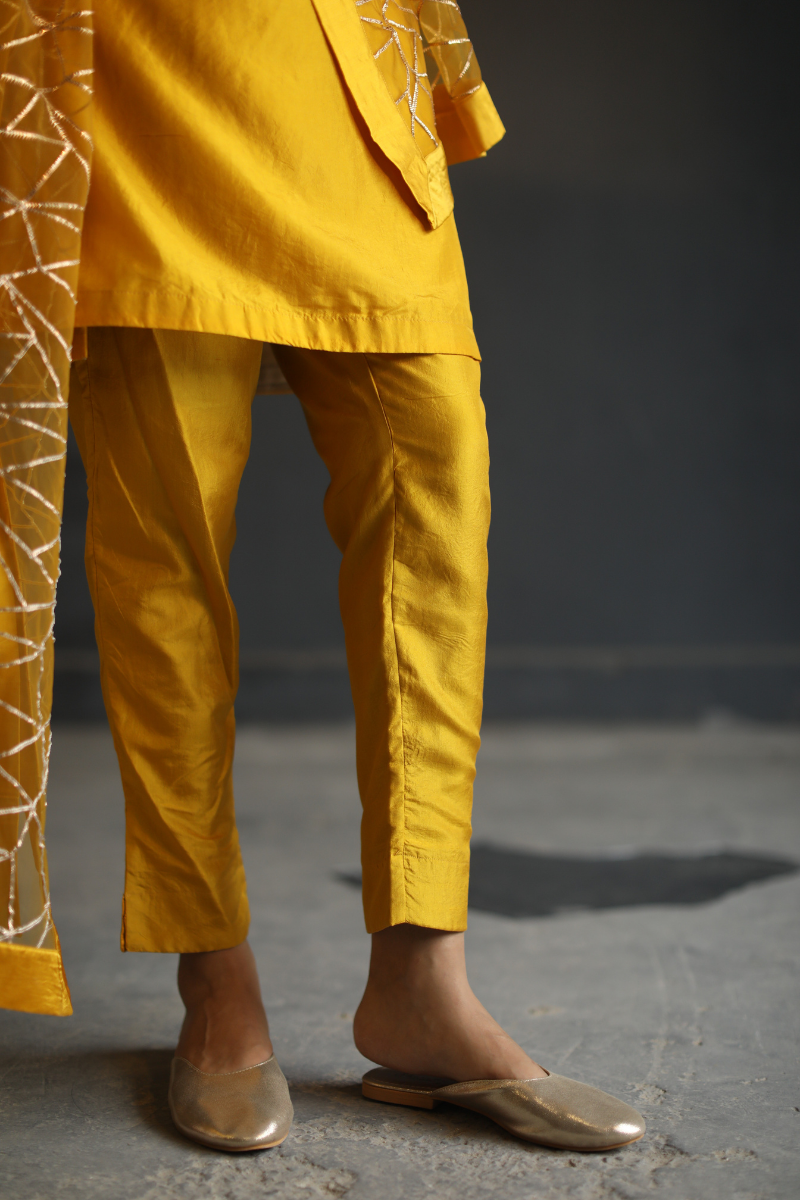 Hk Kurta In Yellow Motichoor Silk With Pant