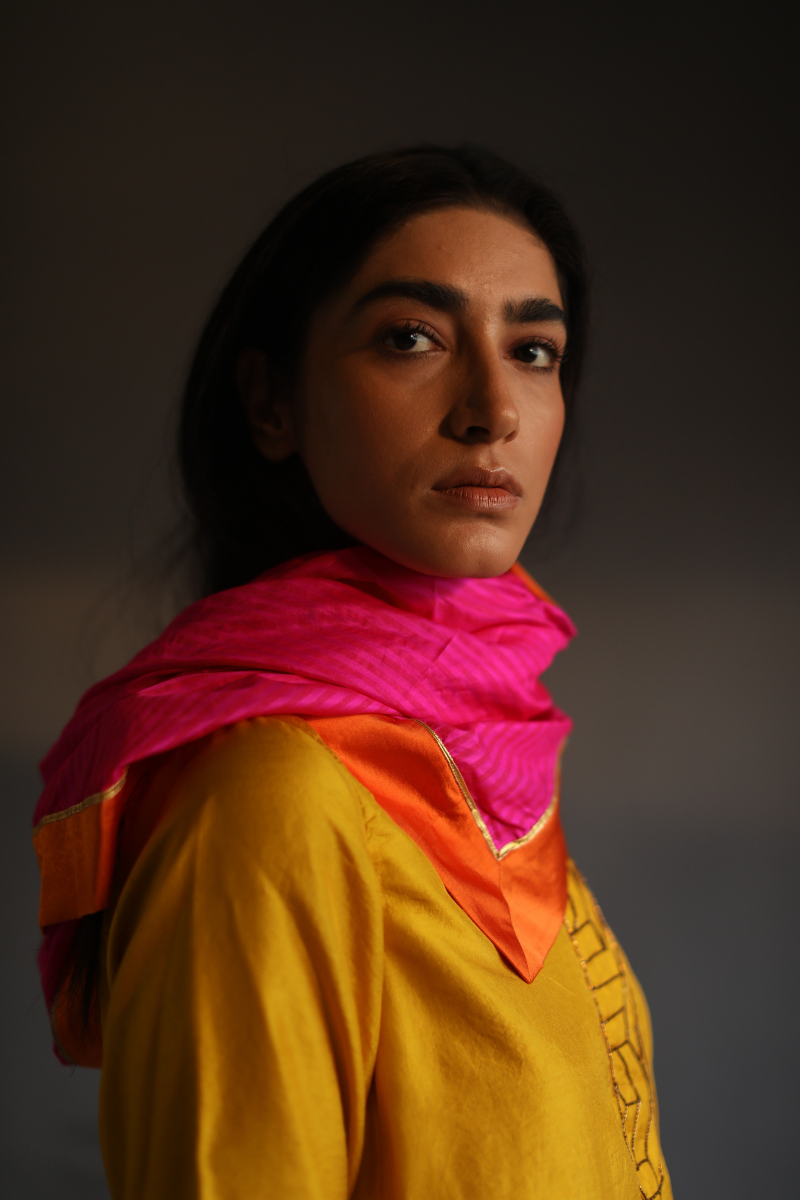 Hk Kurta In Yellow Motichoor Silk With Pant