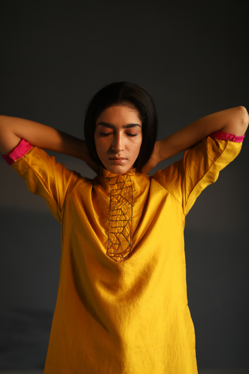 Hk Kurta In Yellow Motichoor Silk With Pant