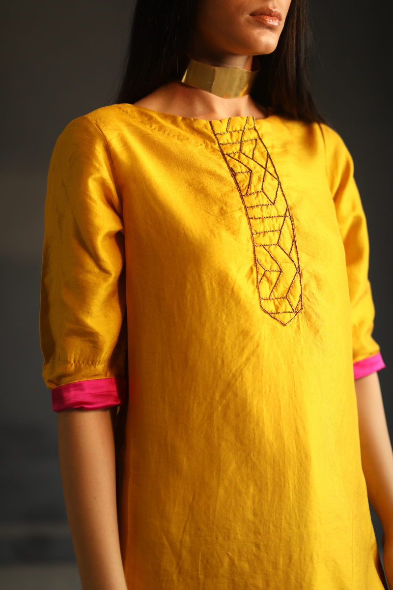 Hk Kurta In Yellow Motichoor Silk With Pant