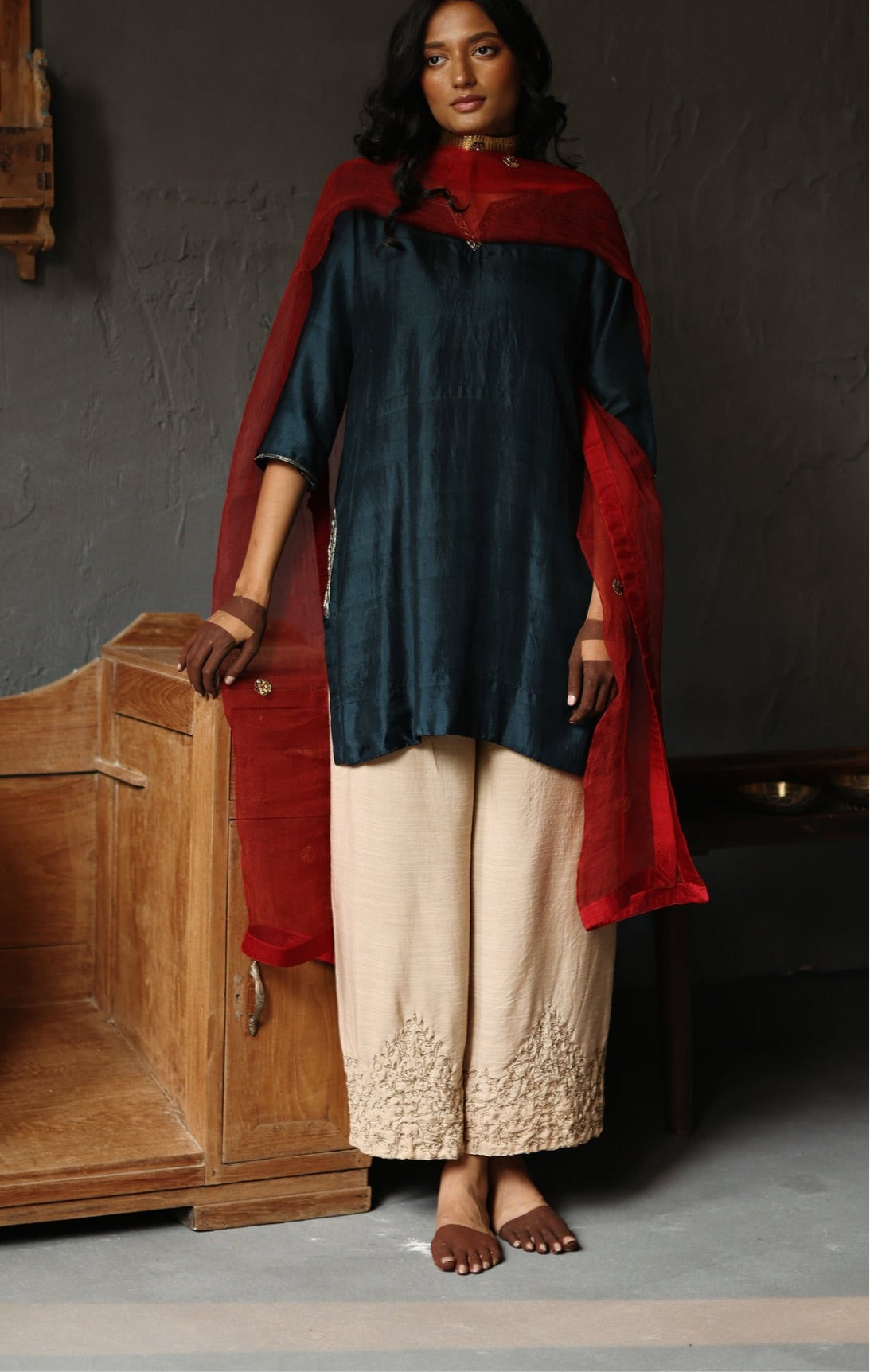 Anisa Kurta in Sapphire Teal Silk with Farshi