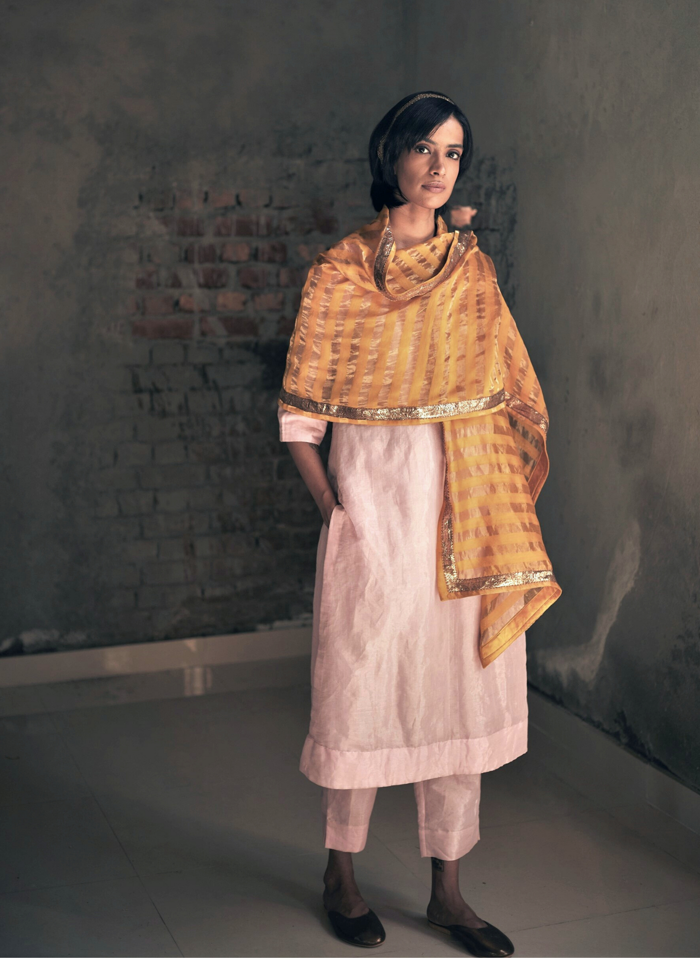 Dupatta In Yellow Tissue Stripes