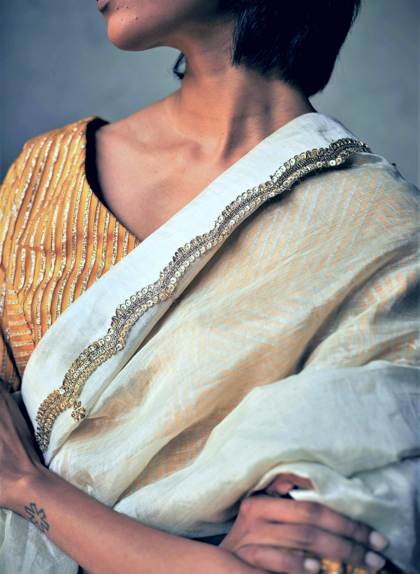 Sari In Ivory Silver Tissue With Scallop Lace
