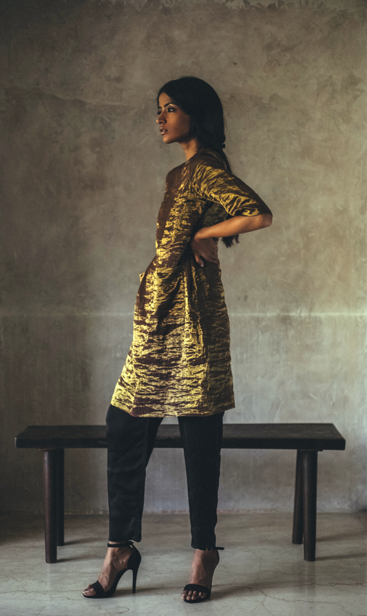 Coco Dress In Antique Gold Handwoven Tissue With Pants