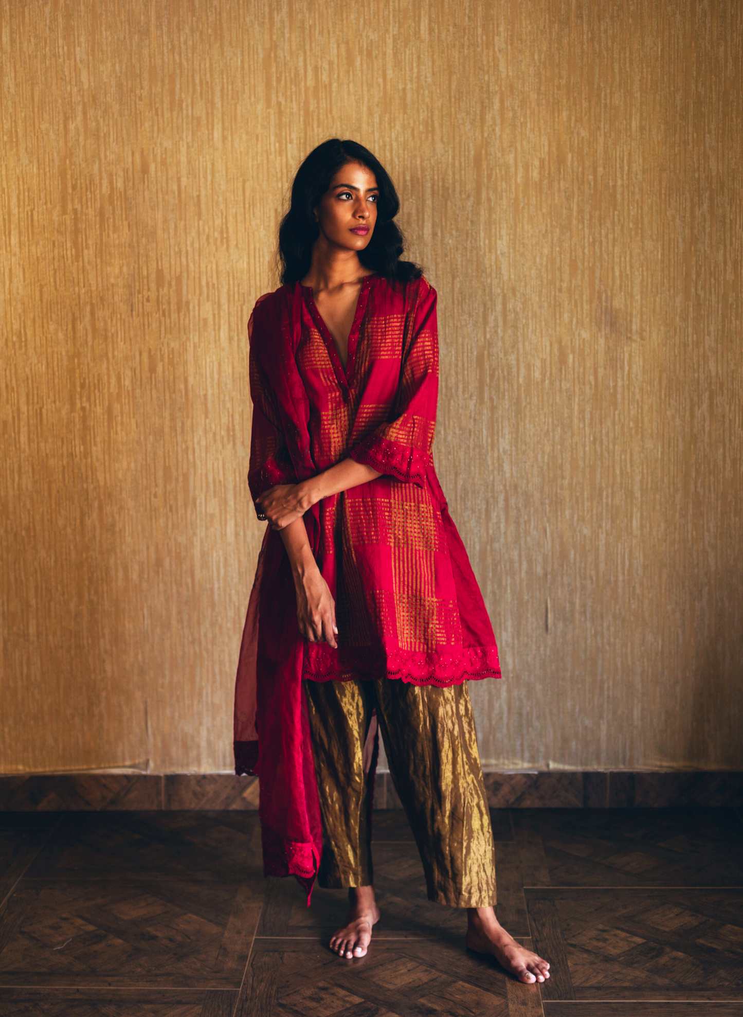 Mini Kurta In Red Handwoven Gold Zari Checks With Shalwar