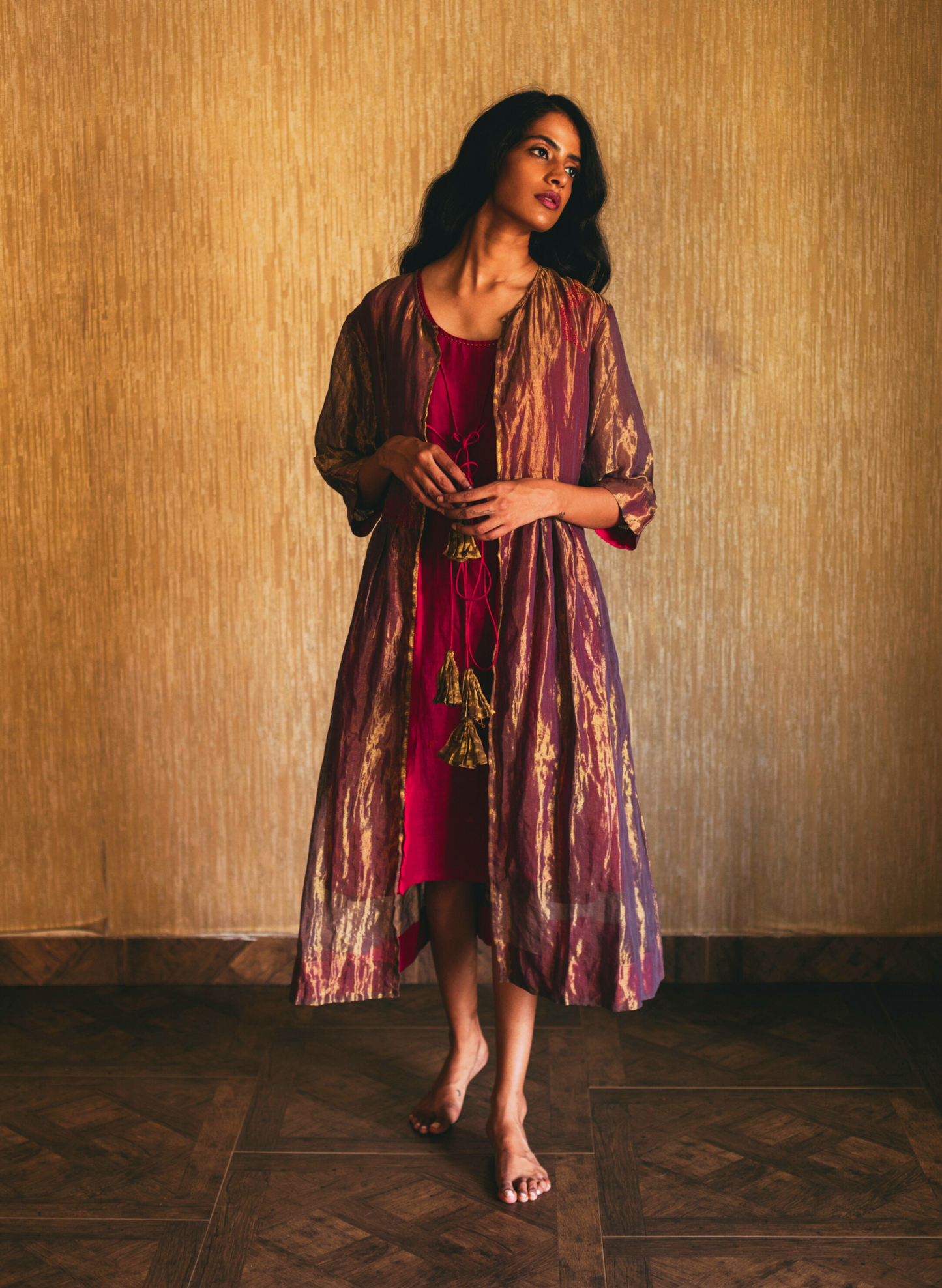 Anil Jacket In Handwoven Tissue with Red Satin Slip