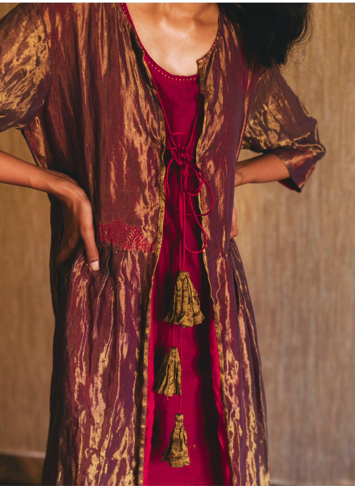 Anil Jacket In Handwoven Tissue with Red Satin Slip