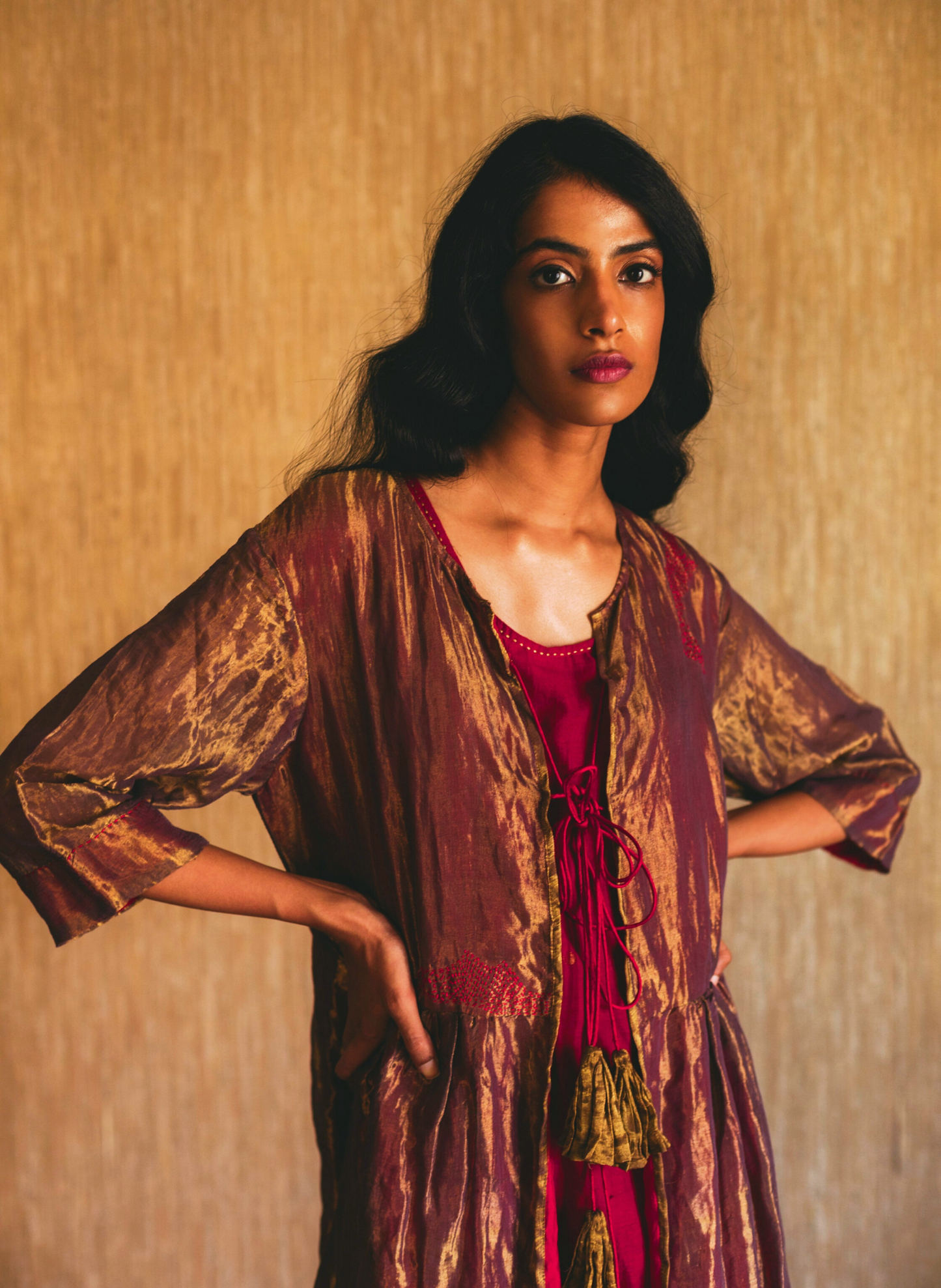Anil Jacket In Handwoven Tissue with Red Satin Slip