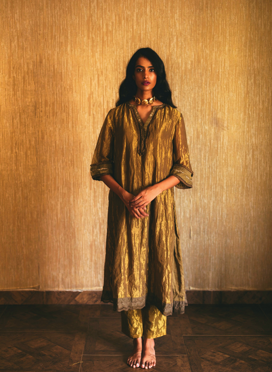 Maxi Kurta In Antique Gold Handwoven Tissue With Pants