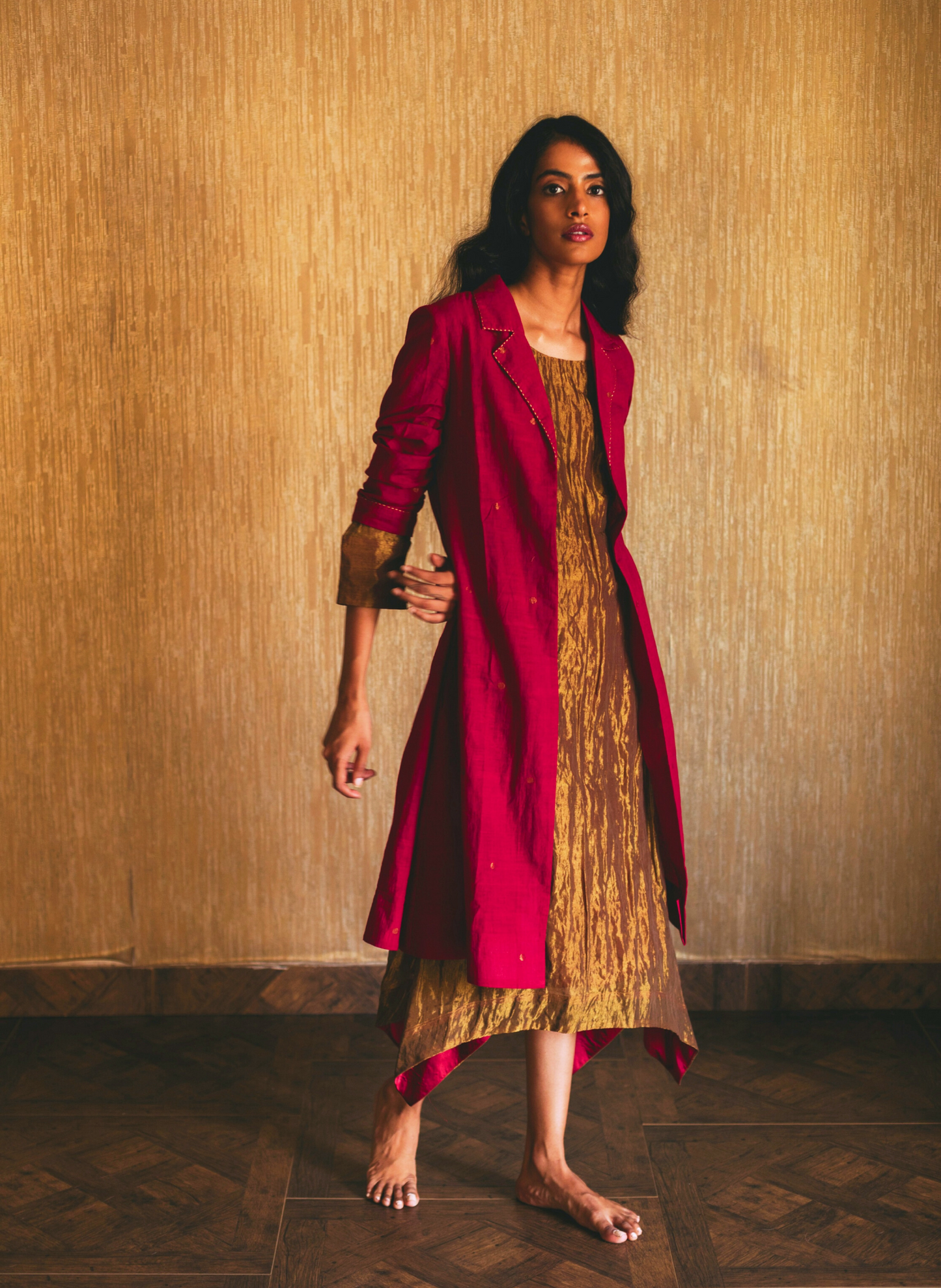 Asymmetric Dress In Antique Gold Handwoven Tissue