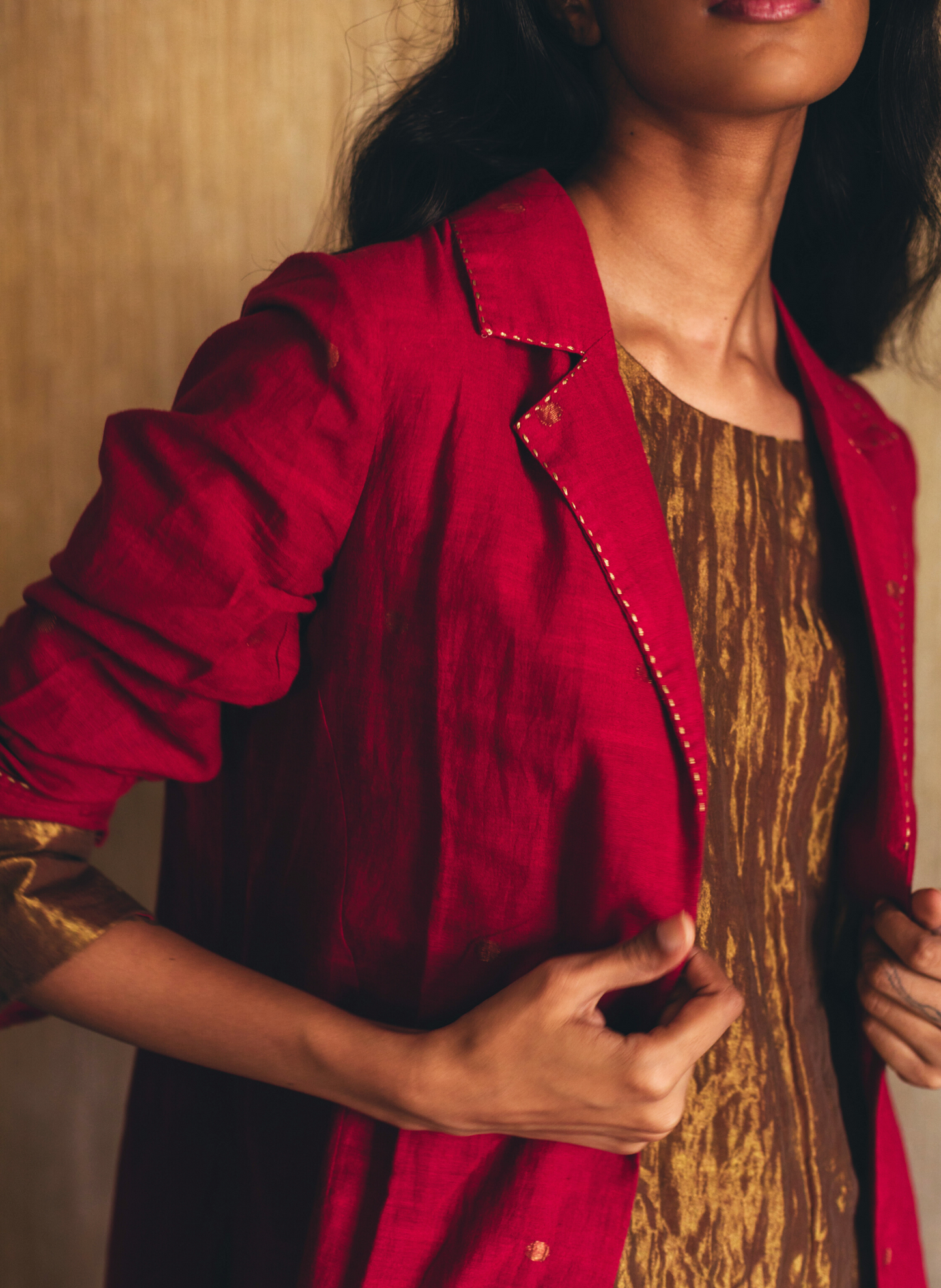 Asymmetric Dress In Antique Gold Handwoven Tissue