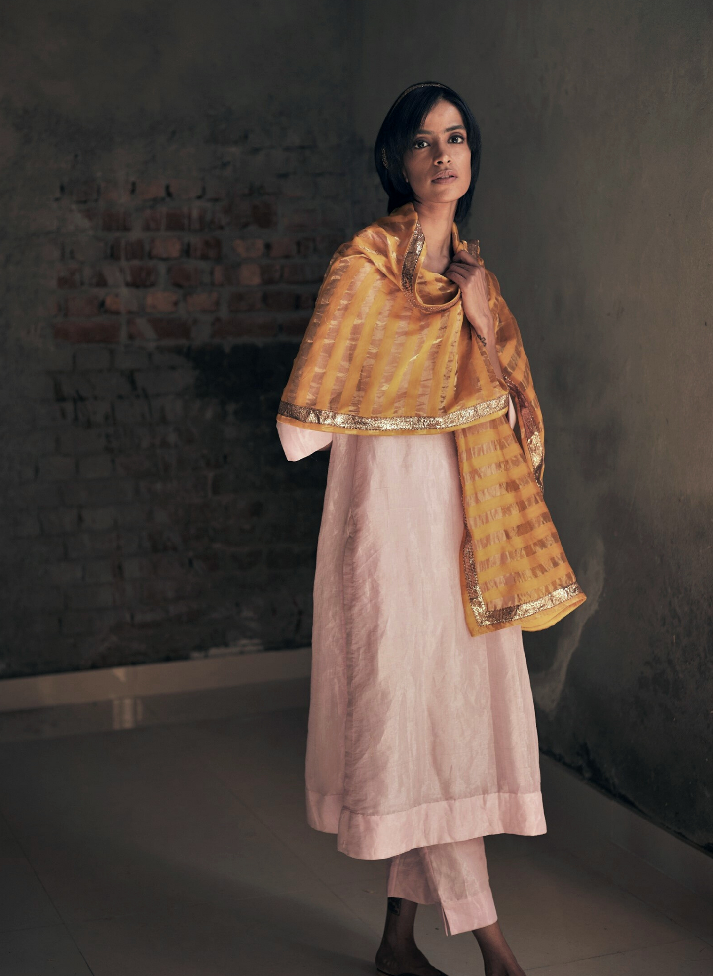 Dupatta In Yellow Tissue Stripes
