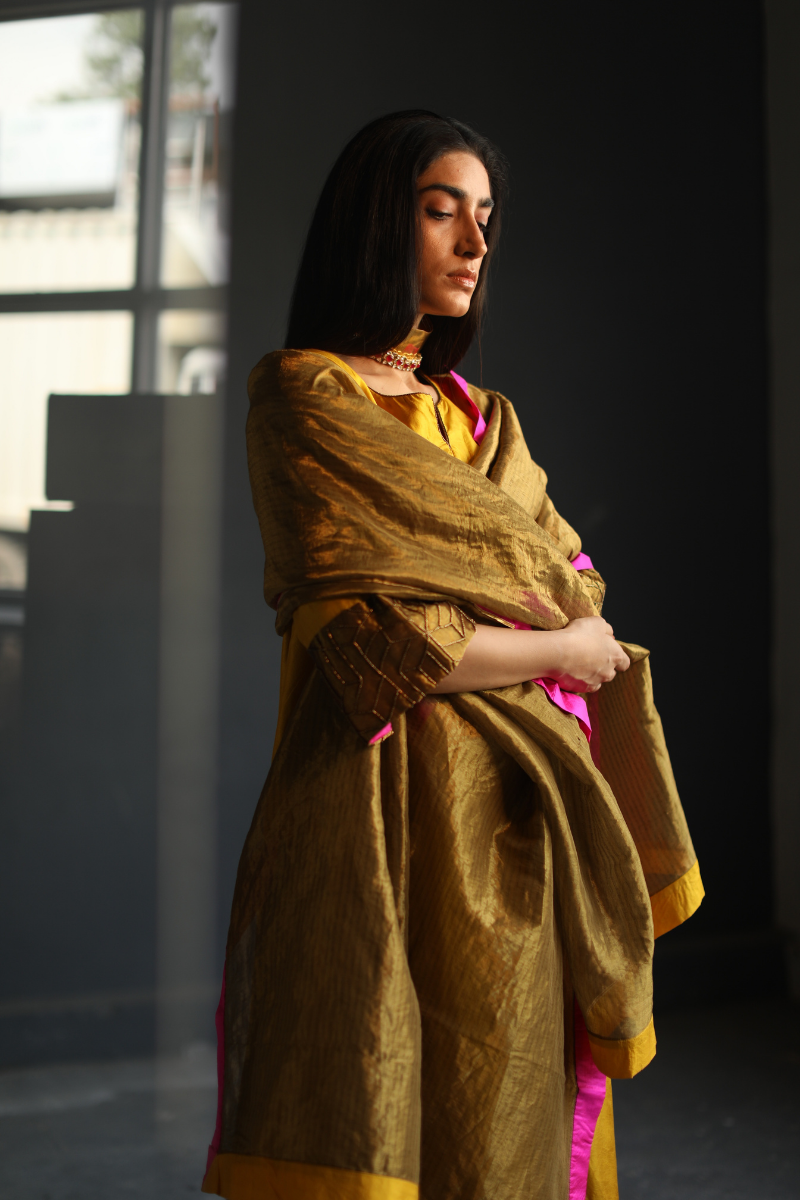 Maxi Kurta In Yellow Motichoor Pure Silk With Pant