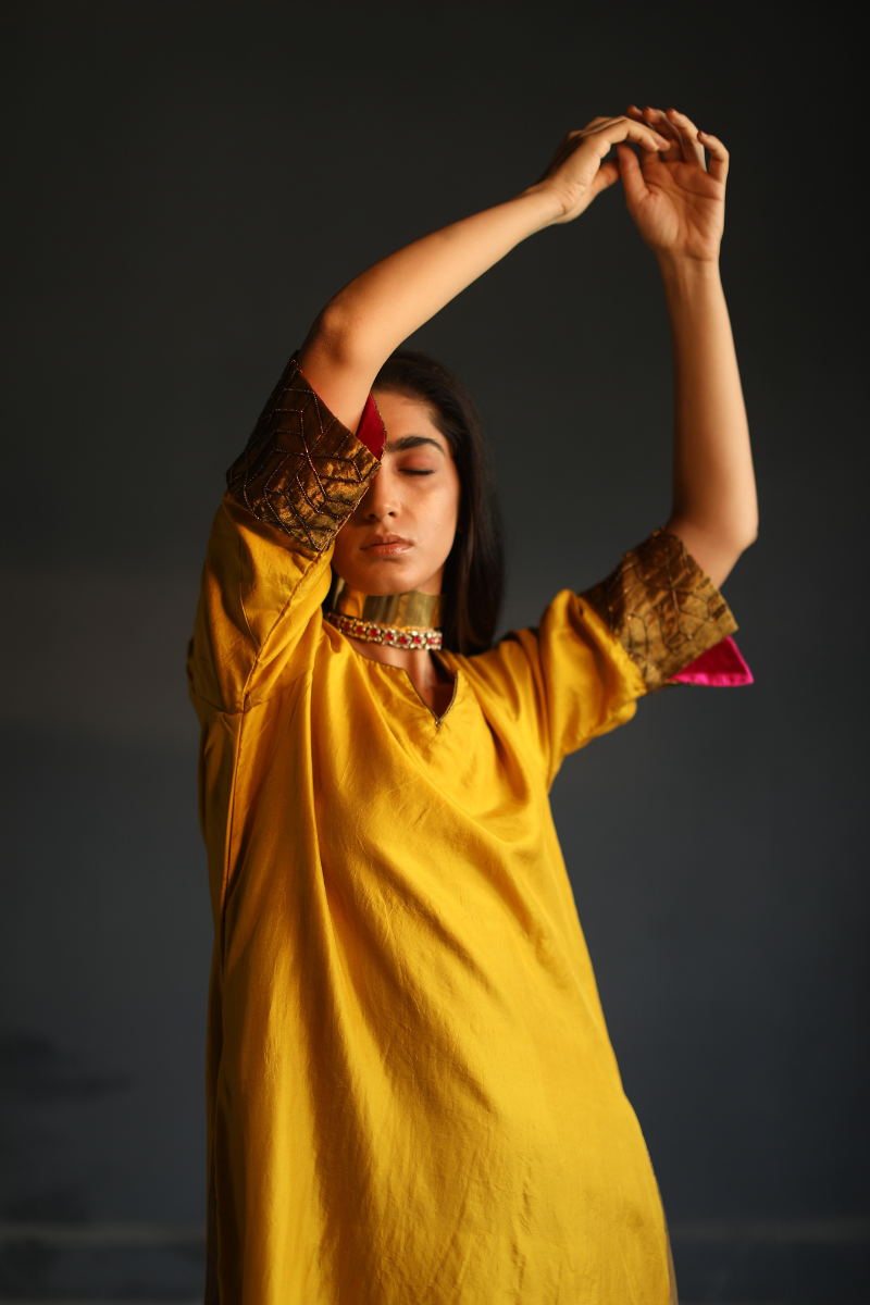 Maxi Kurta In Yellow Motichoor Pure Silk With Pant