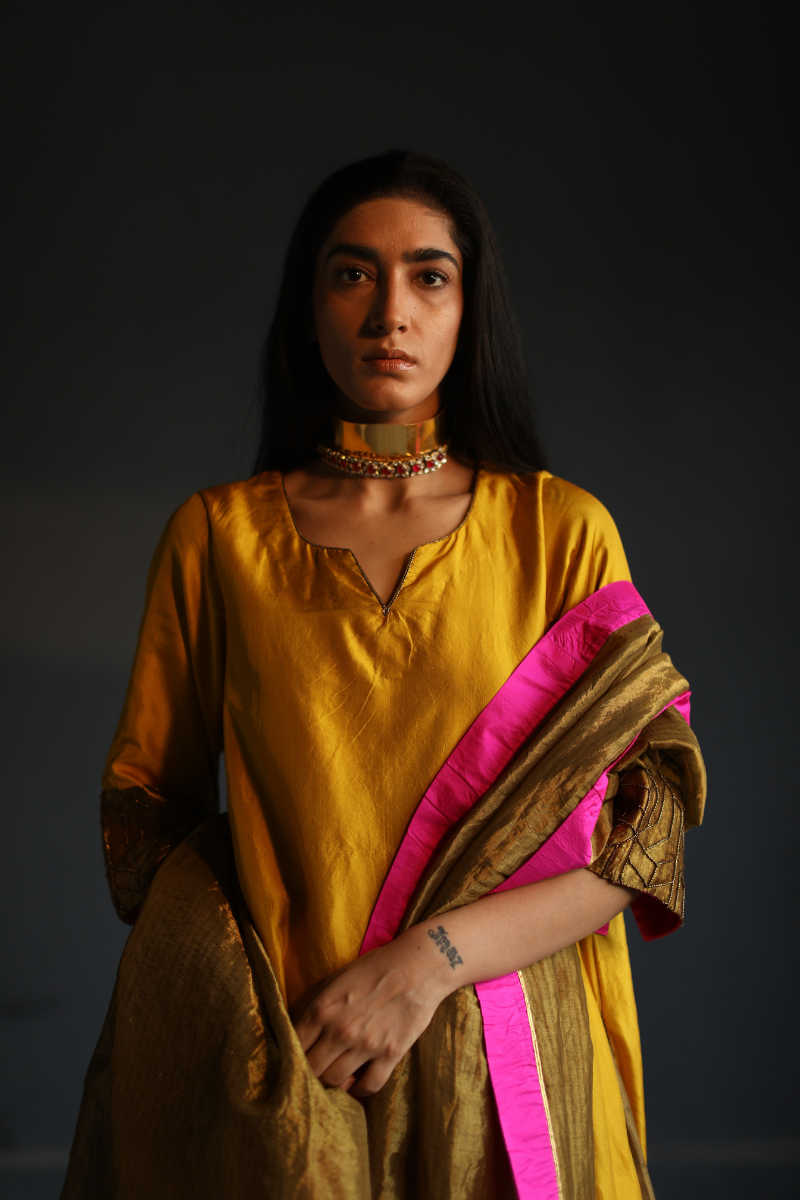 Maxi Kurta In Yellow Motichoor Pure Silk With Pant