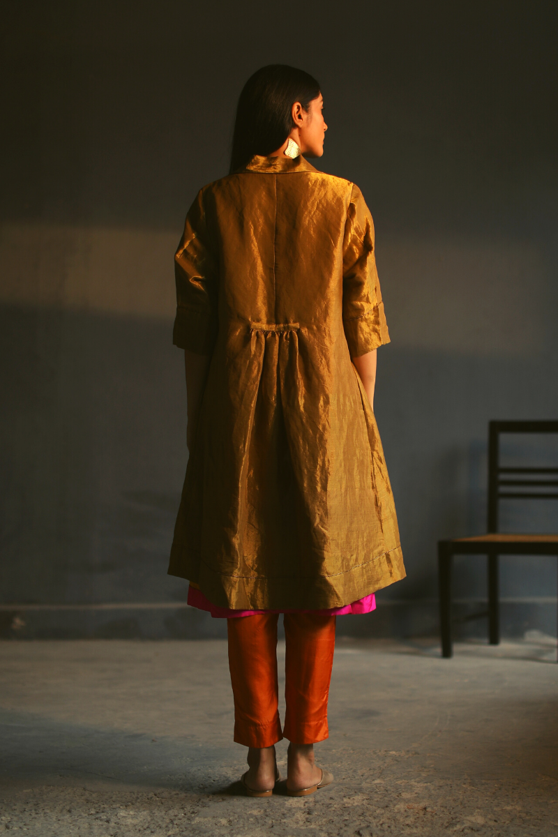 Sally Jacket In Antique Gold Handloom Tissue With Yellow Motichoor Silk Slip