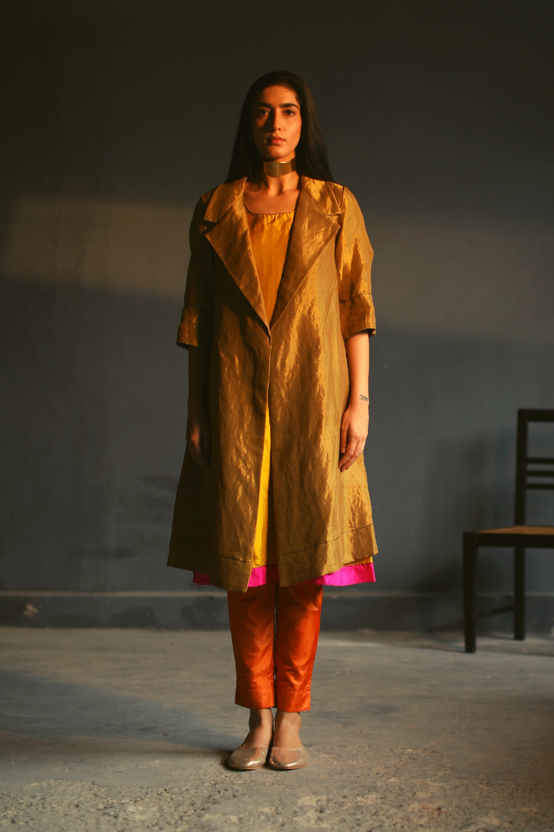 Sally Jacket In Antique Gold Handloom Tissue With Yellow Motichoor Silk Slip