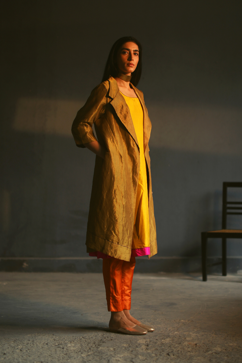Sally Jacket In Antique Gold Handloom Tissue With Yellow Motichoor Silk Slip
