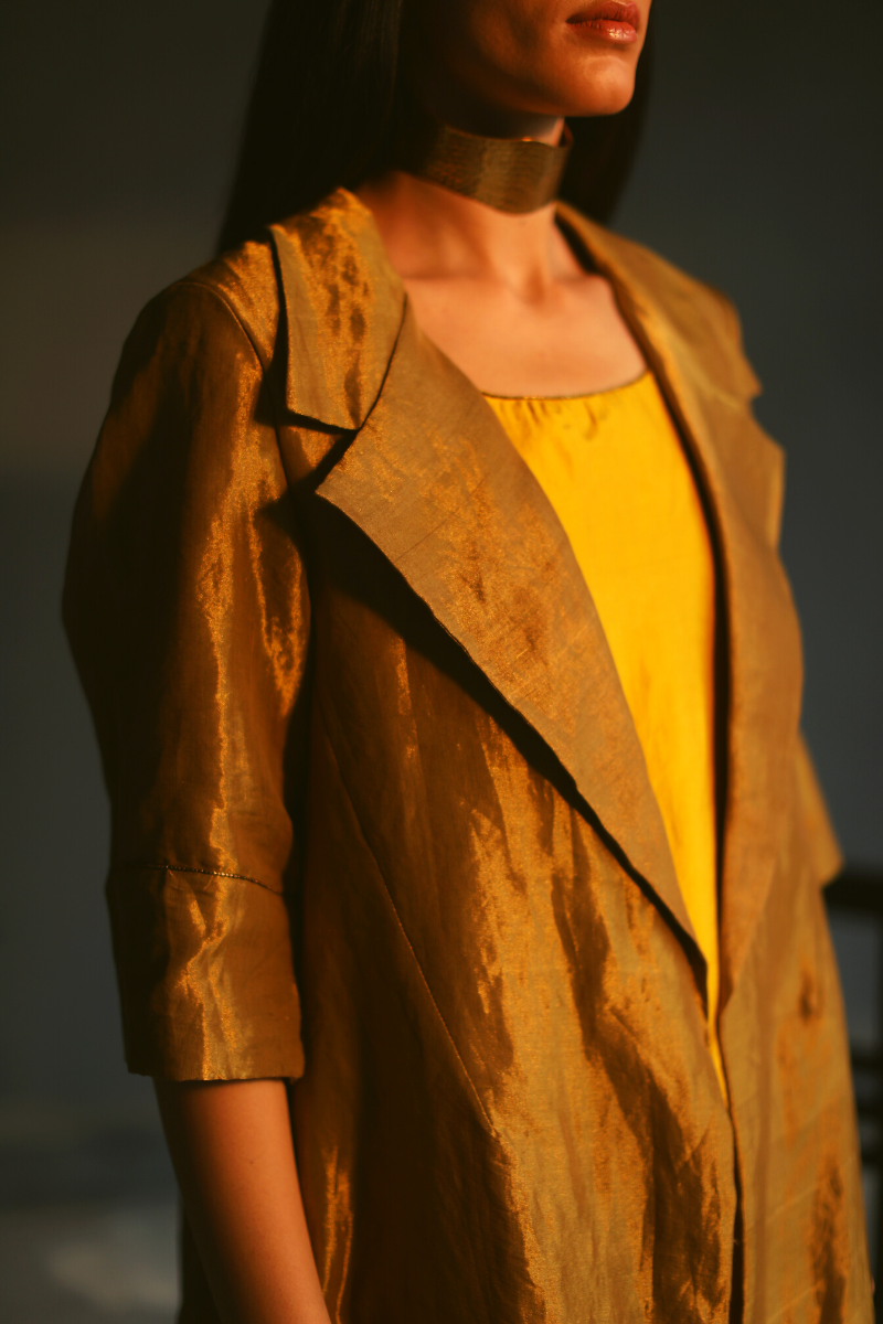 Sally Jacket In Antique Gold Handloom Tissue With Yellow Motichoor Silk Slip